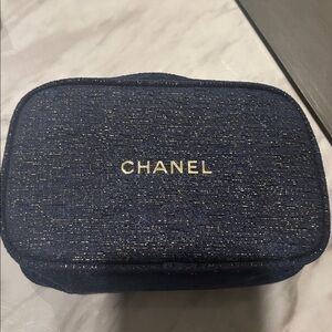 CHANEL Midnight Blue Makeup Cosmetic Bag Pouch Case with Gold Logo